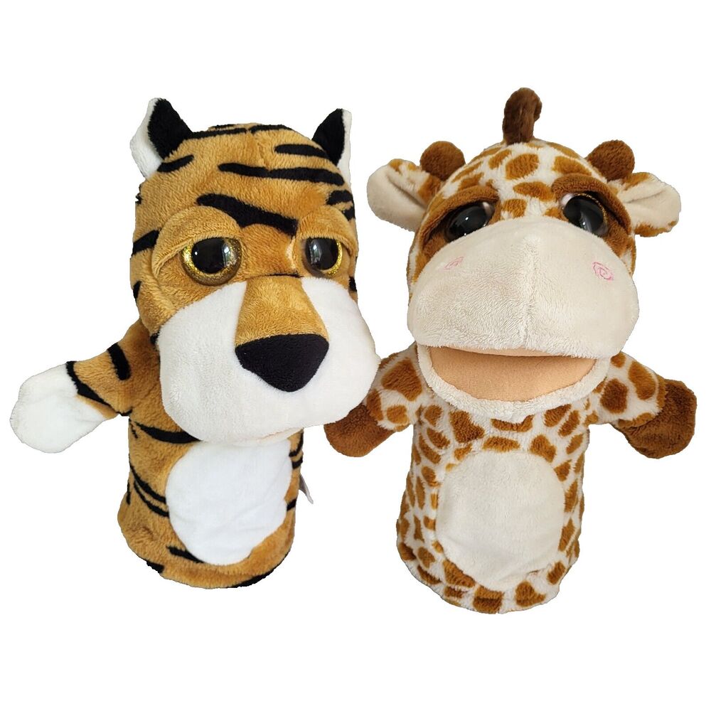 Kellytoy Plush Tiger and Giraffe Hand Puppet 10" Big Sparkle Eyes Jungle Animals